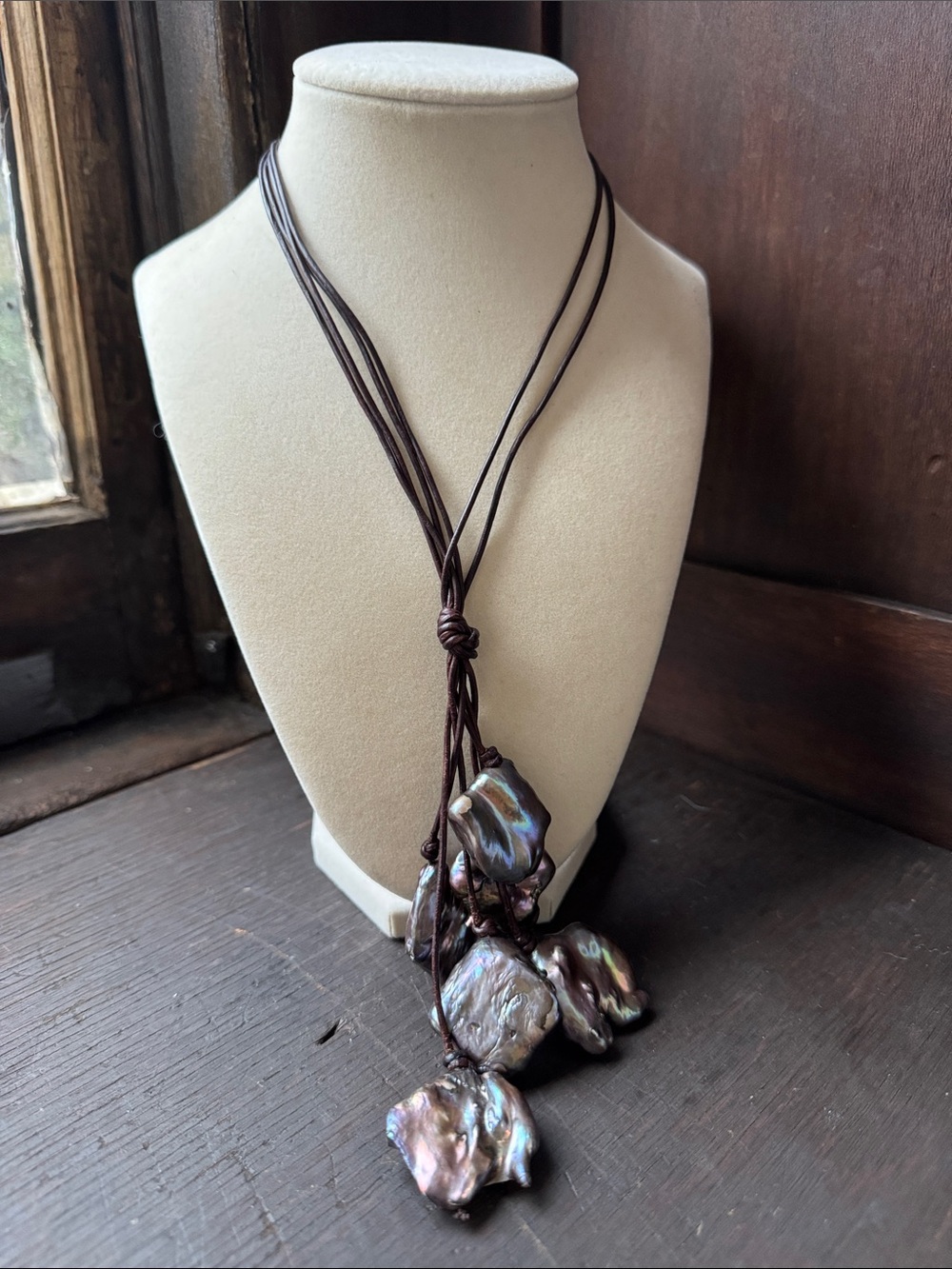 Handmade Iridescent Baroque Pearl Pendant Necklace - Brown leather Cord